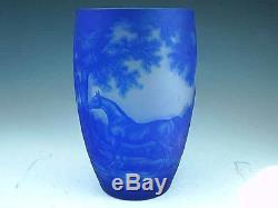 Large Antique 1930's French Blue Cameo Art Glass Vase W Race Horse Signed