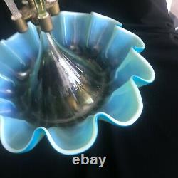 Large Antique 19th Century Stourbridge Victorian Glass Epergne Vase Blue 5 Horn