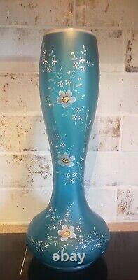 Large Antique Bohemian Czech Blue Satin Optic Enamel Glass Tulip Gourd Vase