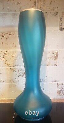 Large Antique Bohemian Czech Blue Satin Optic Enamel Glass Tulip Gourd Vase
