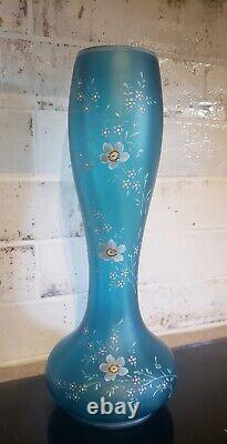 Large Antique Bohemian Czech Blue Satin Optic Enamel Glass Tulip Gourd Vase