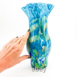 Large Art Glass Vase Aqua Blue Confetti + GLITTER Murano Hand Blown Vtg Estate