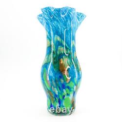 Large Art Glass Vase Aqua Blue Confetti + GLITTER Murano Hand Blown Vtg Estate