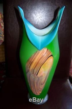 Large Baijan Glass Vase, Essie Zareh, Russia, 16 7/8 H, green, brown, blue