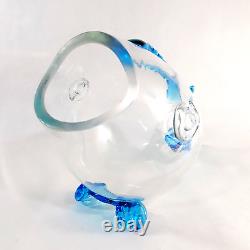 Large Blown Glass Art Open Mouth Fish Vase Bowl Clear and Blue Nautical Décor