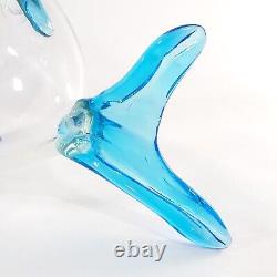 Large Blown Glass Art Open Mouth Fish Vase Bowl Clear and Blue Nautical Décor