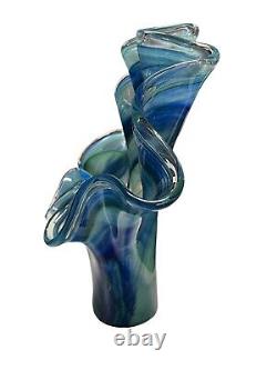 Large Blue Teal Murano Fluted Glass Vase 17 Height X 16 Wide Base Diameter 4.5