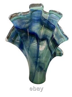 Large Blue Teal Murano Fluted Glass Vase 17 Height X 16 Wide Base Diameter 4.5