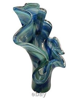 Large Blue Teal Murano Fluted Glass Vase 17 Height X 16 Wide Base Diameter 4.5