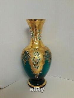 Large Bohemian Czech VASE 16 1/2'' TALL BLUE/GREEN Gold Enamel APPLIED FLOWERS