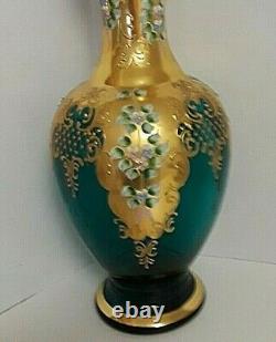 Large Bohemian Czech VASE 16 1/2'' TALL BLUE/GREEN Gold Enamel APPLIED FLOWERS