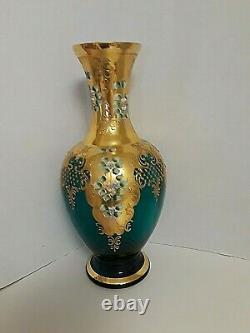 Large Bohemian Czech VASE 16 1/2'' TALL BLUE/GREEN Gold Enamel APPLIED FLOWERS