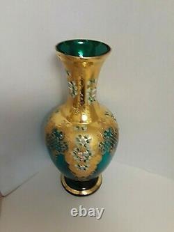 Large Bohemian Czech VASE 16 1/2'' TALL BLUE/GREEN Gold Enamel APPLIED FLOWERS