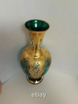 Large Bohemian Czech VASE 16 1/2'' TALL BLUE/GREEN Gold Enamel APPLIED FLOWERS