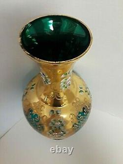 Large Bohemian Czech VASE 16 1/2'' TALL BLUE/GREEN Gold Enamel APPLIED FLOWERS