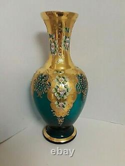 Large Bohemian Czech VASE 16 1/2'' TALL BLUE/GREEN Gold Enamel APPLIED FLOWERS