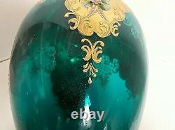 Large Bohemian Czech VASE 16 1/2'' TALL BLUE/GREEN Gold Enamel APPLIED FLOWERS