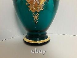 Large Bohemian Czech VASE 16 1/2'' TALL BLUE/GREEN Gold Enamel APPLIED FLOWERS