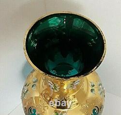 Large Bohemian Czech VASE 16 1/2'' TALL BLUE/GREEN Gold Enamel APPLIED FLOWERS