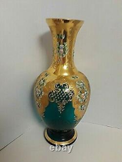 Large Bohemian Czech VASE 16 1/2'' TALL BLUE/GREEN Gold Enamel APPLIED FLOWERS