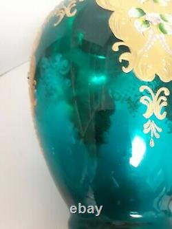 Large Bohemian Czech VASE 16 1/2'' TALL BLUE/GREEN Gold Enamel APPLIED FLOWERS