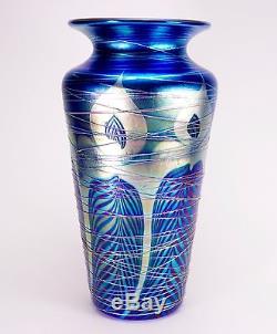 Large Carl Radke Blue Aurene Threaded Peacock Art Glass Vase