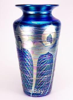 Large Carl Radke Blue Aurene Threaded Peacock Art Glass Vase