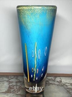 Large Cased Murano Glass Vase Blue Gold Millefiori Latticino Murines 11.5