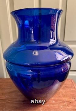 Large Cobalt Blenko Glass Vase Urn Hand Blown Mid-Century 15 Tall 12 Wide