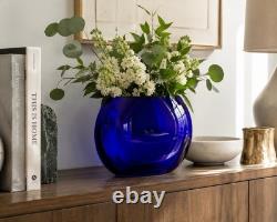 Large Cobalt Blue Sculptural Art Glass Half Sphere Vase Hand Blown 8 x 7