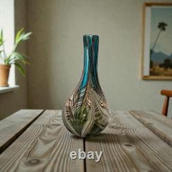 Large Feather Pulled Blue Green Brown Encased Art Glass Vase Studio