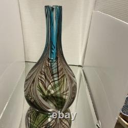 Large Feather Pulled Blue Green Brown Encased Art Glass Vase Studio