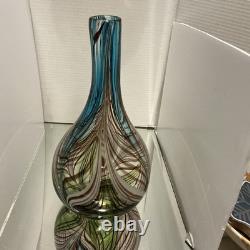 Large Feather Pulled Blue Green Brown Encased Art Glass Vase Studio