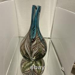 Large Feather Pulled Blue Green Brown Encased Art Glass Vase Studio
