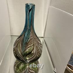 Large Feather Pulled Blue Green Brown Encased Art Glass Vase Studio