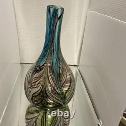 Large Feather Pulled Blue Green Brown Encased Art Glass Vase Studio