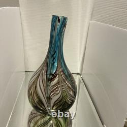 Large Feather Pulled Blue Green Brown Encased Art Glass Vase Studio