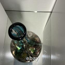 Large Feather Pulled Blue Green Brown Encased Art Glass Vase Studio