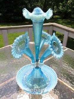 Large Fenton Blue Opalescent Glass 4 Horn Epergne Centerpiece Bowl Vase 17