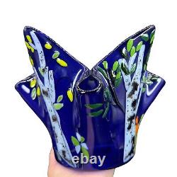 Large Fused Art Glass Vase Hand Made Cobalt Blue Handkerchief Bowl Multicolor