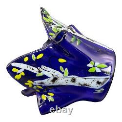 Large Fused Art Glass Vase Hand Made Cobalt Blue Handkerchief Bowl Multicolor