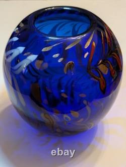 Large Hand Blown Cobalt Blue Art Glass Vase Bowl Aventurine Studio Glass 9.5