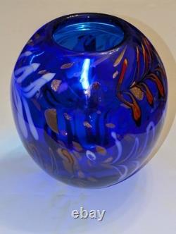 Large Hand Blown Cobalt Blue Art Glass Vase Bowl Aventurine Studio Glass 9.5