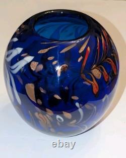 Large Hand Blown Cobalt Blue Art Glass Vase Bowl Aventurine Studio Glass 9.5