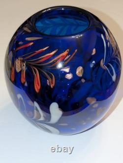 Large Hand Blown Cobalt Blue Art Glass Vase Bowl Aventurine Studio Glass 9.5