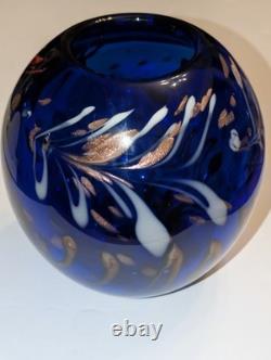 Large Hand Blown Cobalt Blue Art Glass Vase Bowl Aventurine Studio Glass 9.5