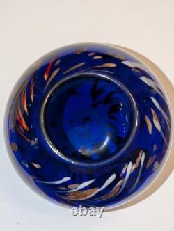 Large Hand Blown Cobalt Blue Art Glass Vase Bowl Aventurine Studio Glass 9.5