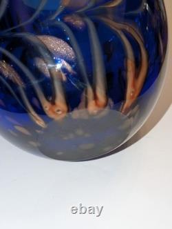 Large Hand Blown Cobalt Blue Art Glass Vase Bowl Aventurine Studio Glass 9.5