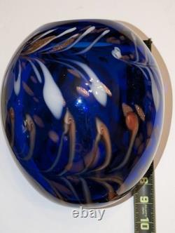 Large Hand Blown Cobalt Blue Art Glass Vase Bowl Aventurine Studio Glass 9.5