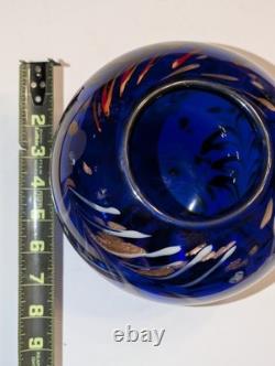 Large Hand Blown Cobalt Blue Art Glass Vase Bowl Aventurine Studio Glass 9.5